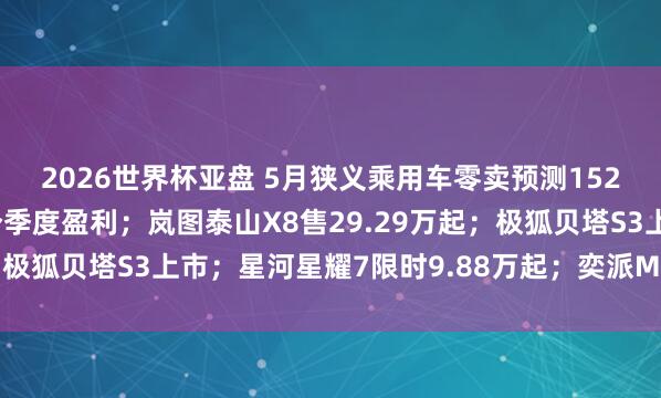 2026世界杯亚盘 5月狭义乘用车零卖预测152万辆；蔚来一语气两个季度盈利；岚图泰山X8售29.29万起；极狐贝塔S3上市；星河星耀7限时9.88万起；奕派M8首发亮相